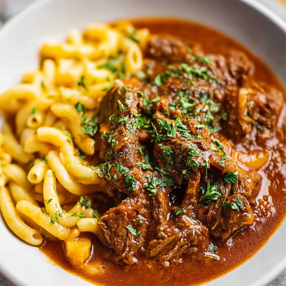 A plate of hearty German Goulash with thick pasta noodles, coated in rich reddish-brown sauce and sprinkled with fresh parsley.