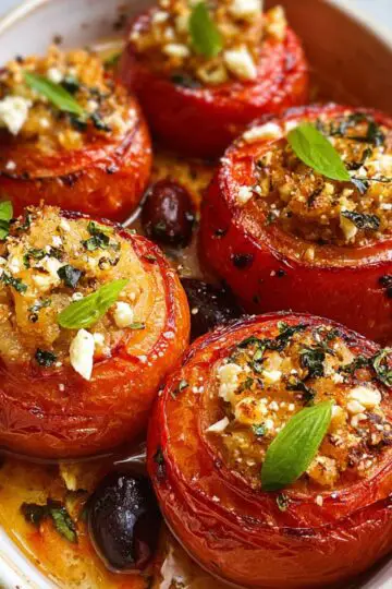 Greek Stuffed Tomatoes Recipe -style baked stuffed tomatoes with golden breadcrumb and feta topping, garnished with fresh basil and black olives in a ceramic dish.