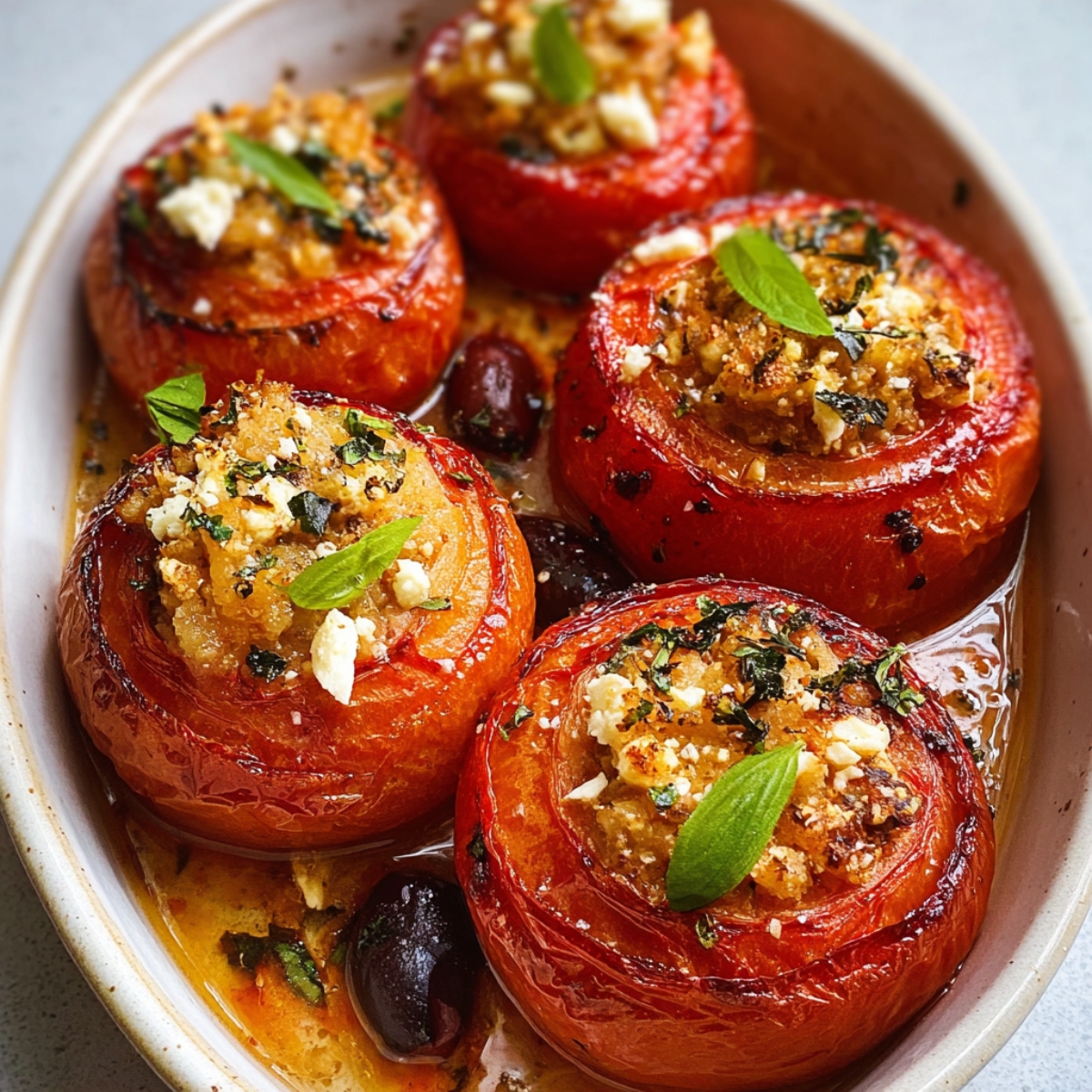 Greek Stuffed Tomatoes Recipe -style baked stuffed tomatoes with golden breadcrumb and feta topping, garnished with fresh basil and black olives in a ceramic dish.