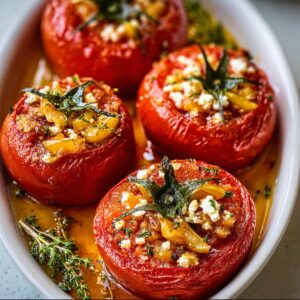 Greek Stuffed Tomatoes Recipe -style baked stuffed tomatoes with golden breadcrumb and feta topping, garnished with fresh basil and black olives in a ceramic dish.