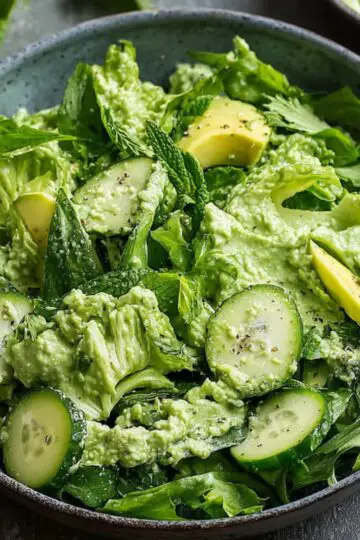 A bowl of fresh Green Goddess Salad Recipe made with lettuce, cucumber, avocado, and herbs, all tossed in a creamy green dressing