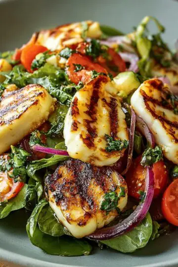Grilled Halloumi Salad A fresh salad bowl featuring grilled halloumi slices, cherry tomatoes, red onions, and leafy greens tossed in herb dressing.