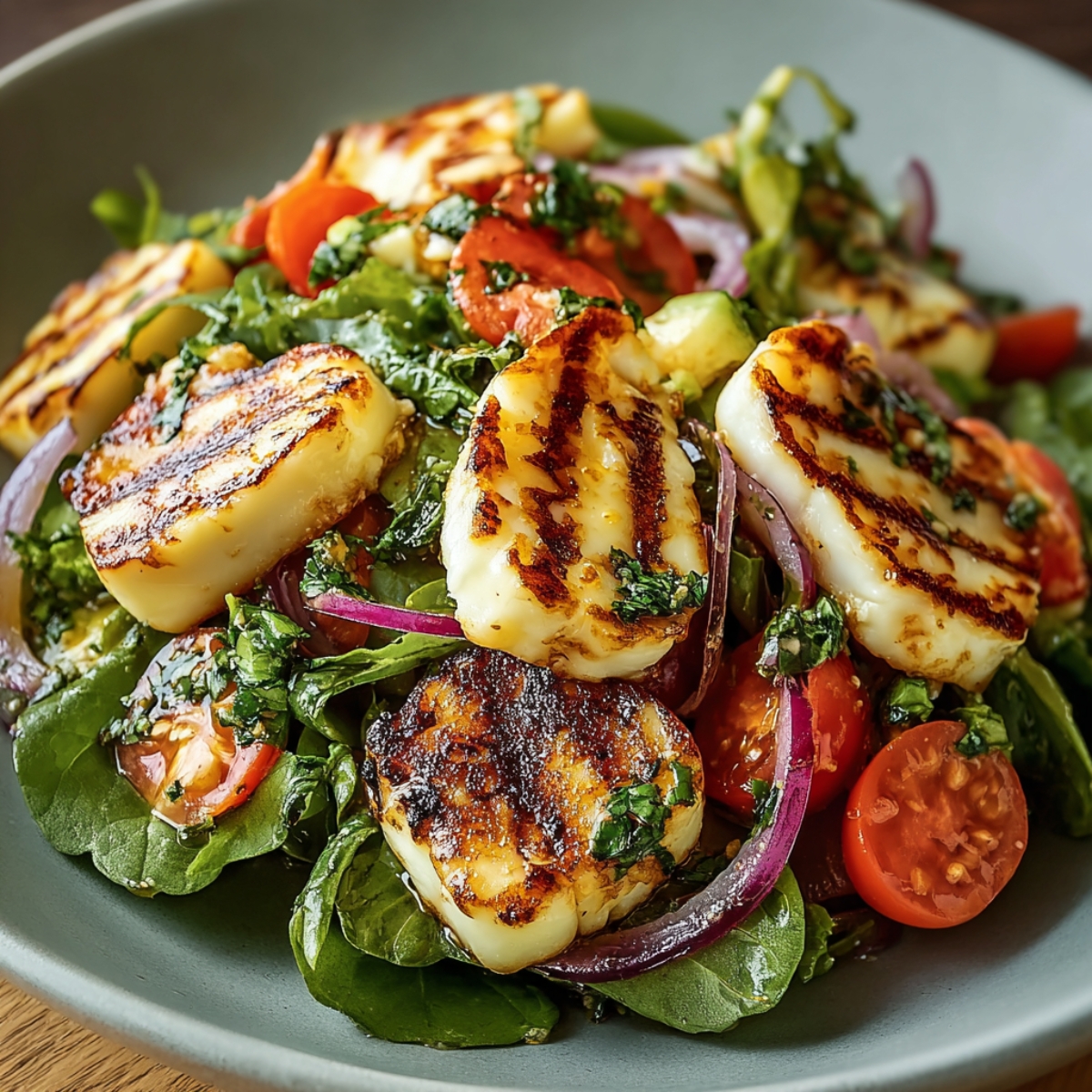 Grilled Halloumi Salad A fresh salad bowl featuring grilled halloumi slices, cherry tomatoes, red onions, and leafy greens tossed in herb dressing.