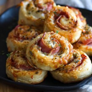 Freshly baked ham and cheese pinwheels on a white serving plate, flaky and golden with melted cheese and herbs