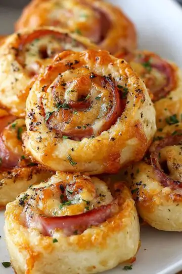 Freshly baked ham and cheese pinwheels on a white serving plate, flaky and golden with melted cheese and herbs