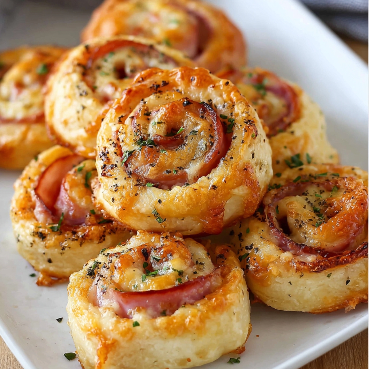Freshly baked ham and cheese pinwheels on a white serving plate, flaky and golden with melted cheese and herbs