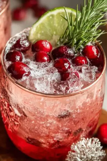 Holiday Mule Cocktails “Two textured copper mugs with a red layered drink and crushed ice, topped with cranberries, a lime wedge, and rosemary. Cranberries and holiday décor appear in the background.