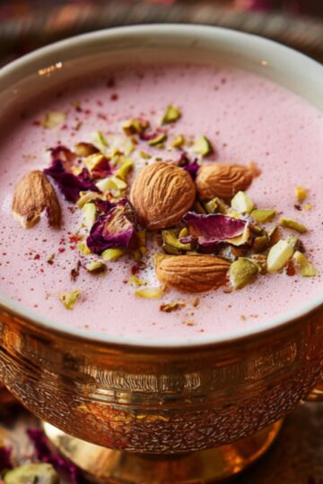 A decorative teacup filled with frothy pink Kashmiri chai, topped with crushed pistachios and dried rose petals, placed on an ornate metal tray with cinnamon sticks and scattered rose petals.