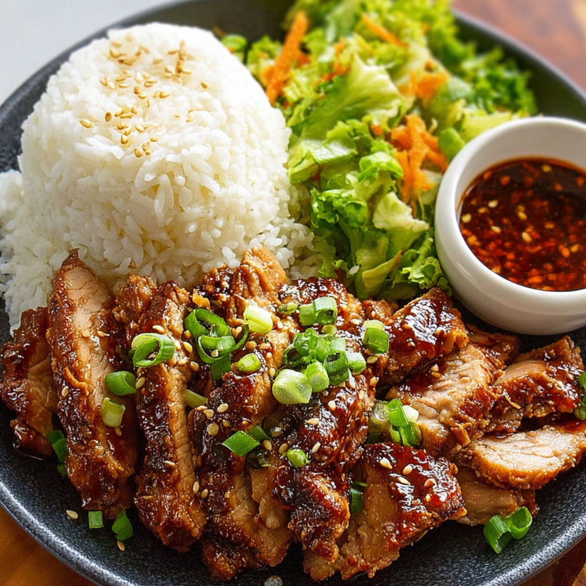 Korean BBQ pork A full Korean BBQ meal plate featuring sliced marinated pork, white rice, fresh salad, and a small bowl of dipping sauce topped with sesame seeds and chili flakes.