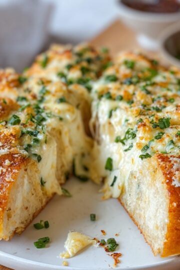 A cheesy Korean Cream Cheese Garlic Bread on a plate, golden brown and garnished with herbs, with dipping bowls in the background.