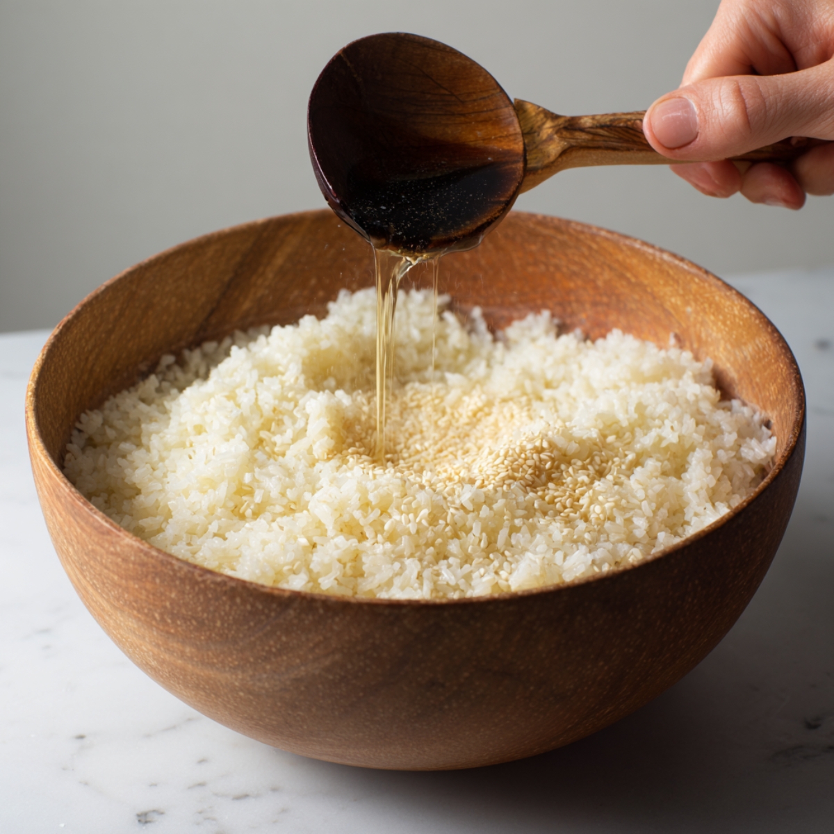 A wooden bowl filled with cooked rice being seasoned with sesame seeds and a drizzle of soy sauce from a wooden spoon.