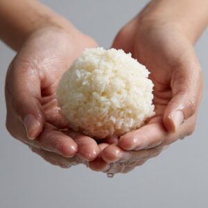 A pair of hands gently shaping a freshly made rice ball, showing the sticky texture of the cooked rice.