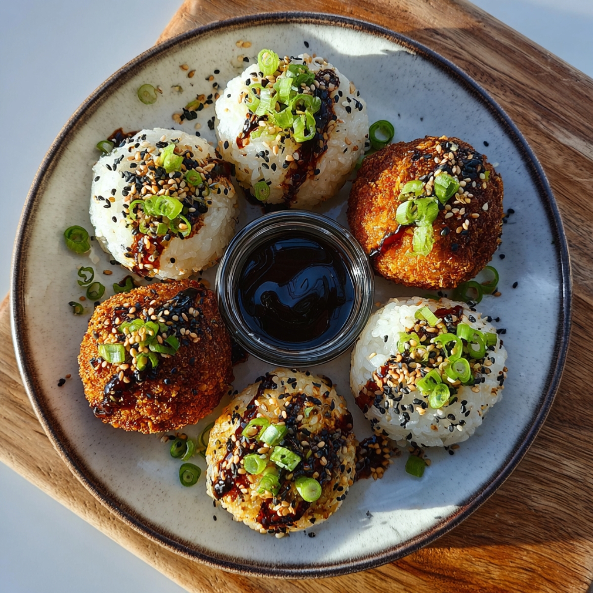 A plate of assorted Korean rice balls topped with sesame seeds, chopped green onions, and sauce, with a dipping bowl of soy sauce in the center.