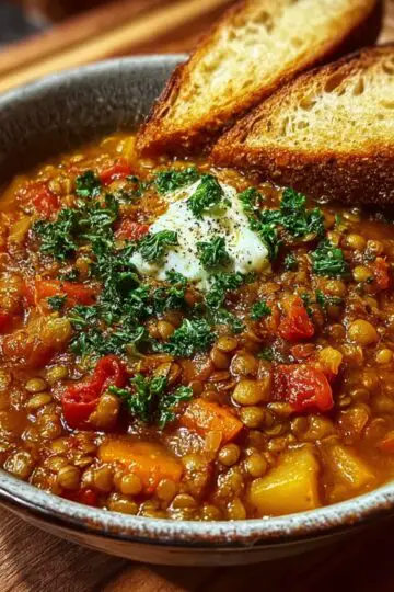 Lentil Soup A warm bowl of lentil soup topped with fresh parsley and a dollop of yogurt, served with toasted bread slices on the side.