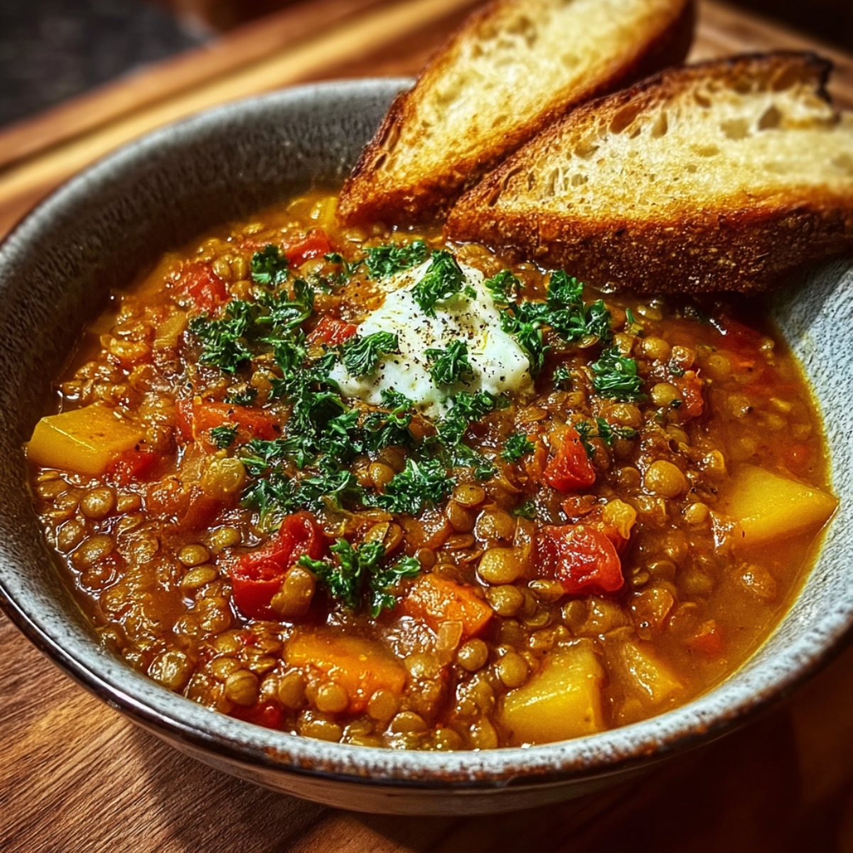 Easy Homemade Lentil Soup Recipe 9 Lentil Soup A warm bowl of lentil soup topped with fresh parsley and a dollop of yogurt, served with toasted bread slices on the side.