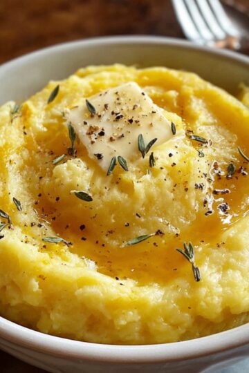 Mashed Potato Squash A small bowl of mashed potato squash topped with a pat of butter, chopped chives, and black pepper.