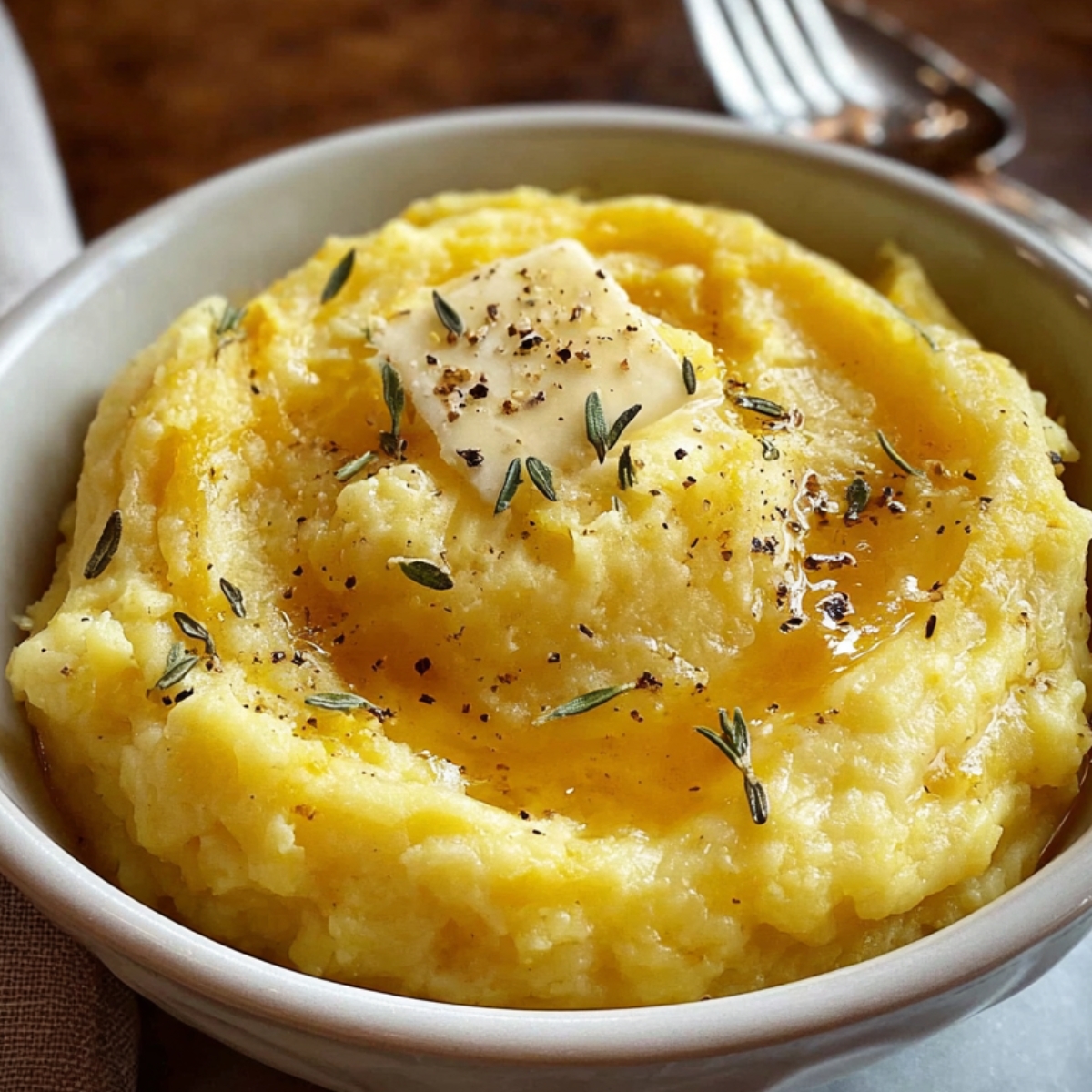 Mashed Potato Squash A small bowl of mashed potato squash topped with a pat of butter, chopped chives, and black pepper.