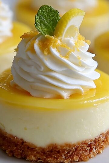 Mini lemon cheesecakes topped with whipped cream, lemon zest, and a small lemon slice on a white plate, showing creamy texture and crisp crust.