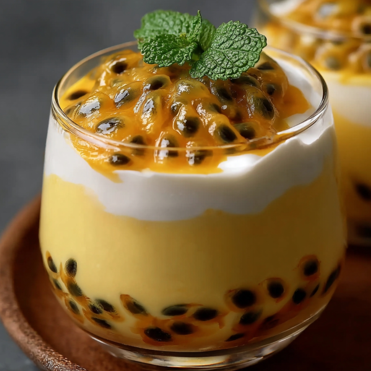 Passion Fruit Mousse A dessert glass containing passion fruit mousse with a layer of white cream and a thick topping of passion fruit pulp and seeds, finished with a fresh mint leaf.