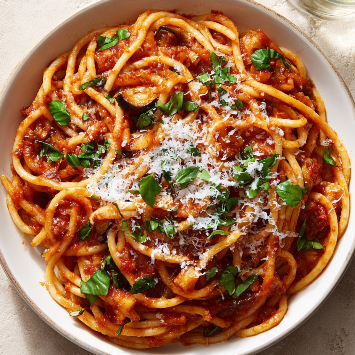 Pasta Alla Norma A plate of thick spaghetti coated in rich tomato sauce, sprinkled generously with grated cheese and fresh basil, with a glass of white wine beside it.