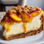 Peach Crumble Cheesecake Close-up of a slice of peach crumble cheesecake showing creamy layers, peach topping, and golden crumble.