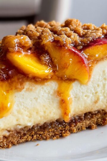 Peach Crumble Cheesecake Close-up of a slice of peach crumble cheesecake showing creamy layers, peach topping, and golden crumble.