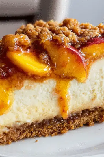 Peach Crumble Cheesecake Close-up of a slice of peach crumble cheesecake showing creamy layers, peach topping, and golden crumble.