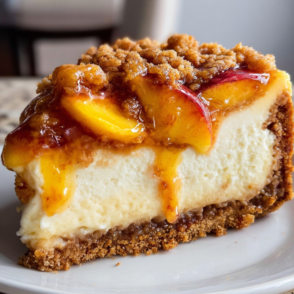 Peach Crumble Cheesecake Close-up of a slice of peach crumble cheesecake showing creamy layers, peach topping, and golden crumble.