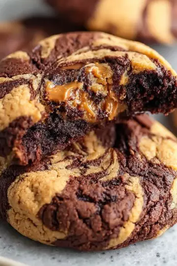 Peanut Butter Brownie Swirl Cookies A chocolate-and-peanut-butter swirl cookie broken open to reveal a gooey caramel-like peanut-butter center. The cookie has a soft, marbled texture.