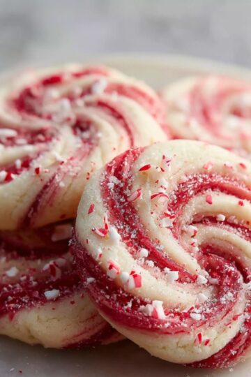 Peppermint Swirl Cookies A plate of peppermint swirl cookies coated in sugar, with red and white spiral centers and crushed peppermint pieces sprinkled on top.