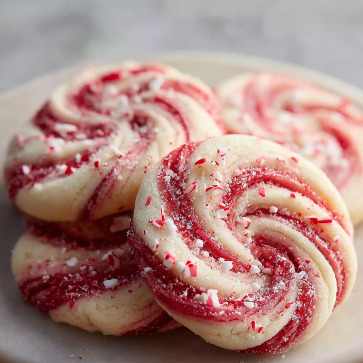 Peppermint Swirl Cookies A plate of peppermint swirl cookies coated in sugar, with red and white spiral centers and crushed peppermint pieces sprinkled on top.
