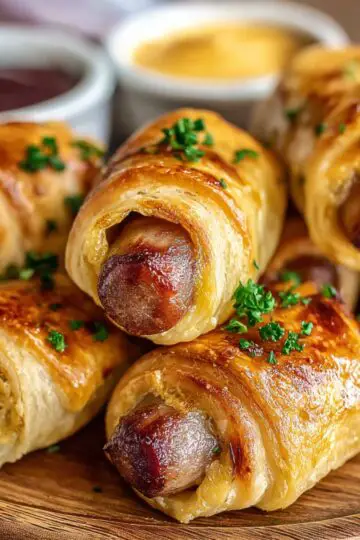 Pigs In A Blanket A plate of golden, flaky pigs in a blanket made with puff pastry, stacked neatly and garnished with parsley, served with a small dish of mustard.