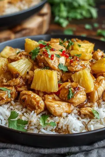 Pineapple Chicken With Rice A bowl of fluffy white rice topped with golden pineapple chunks and glazed chicken pieces, garnished with chopped herbs and red chili flakes.