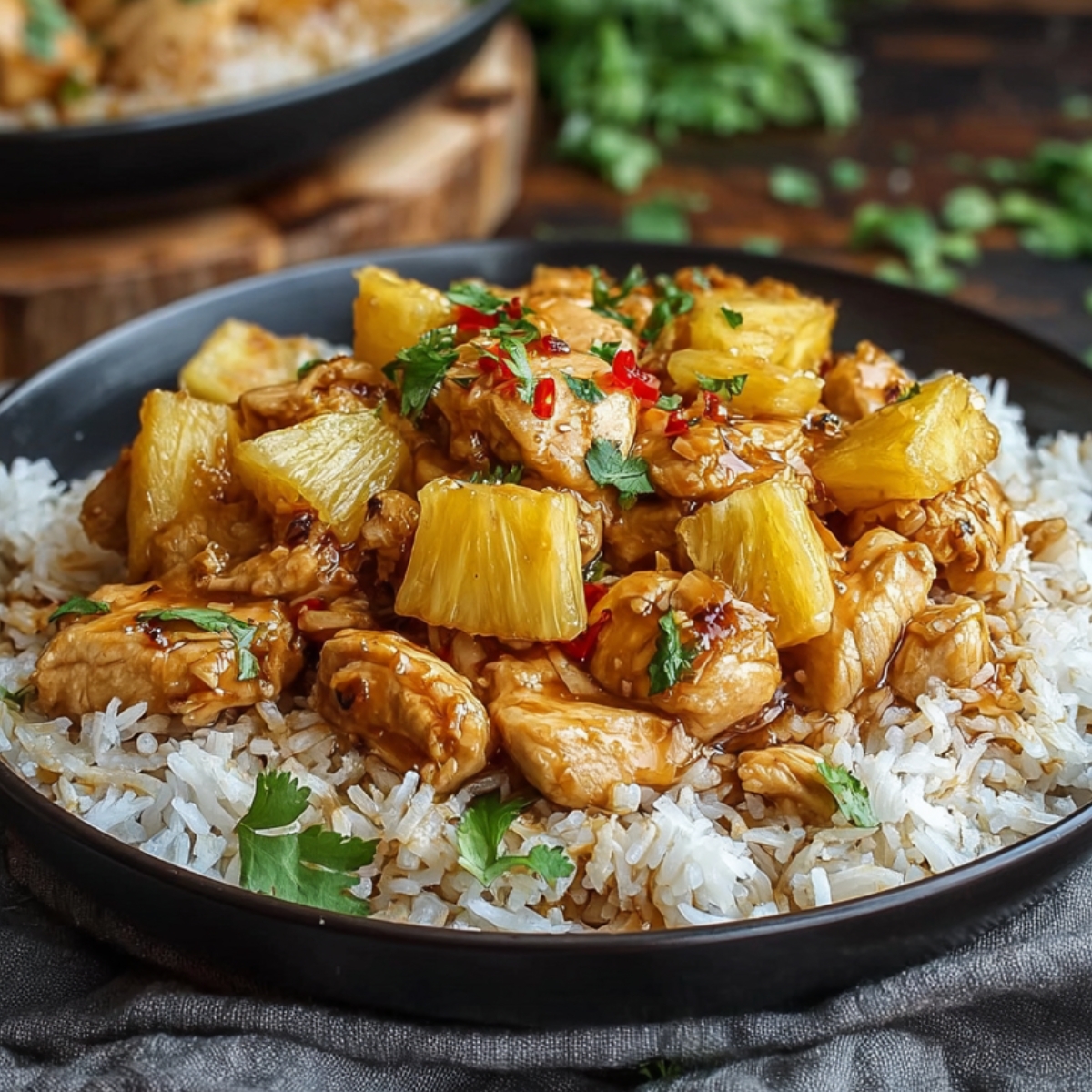 Pineapple Chicken With Rice A bowl of fluffy white rice topped with golden pineapple chunks and glazed chicken pieces, garnished with chopped herbs and red chili flakes.