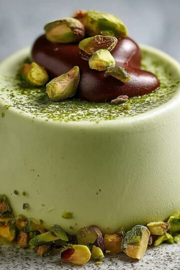 A molded pale green pistachio mousse dessert topped with chocolate and chopped pistachios, sitting on a ceramic plate with crushed nuts around the base.