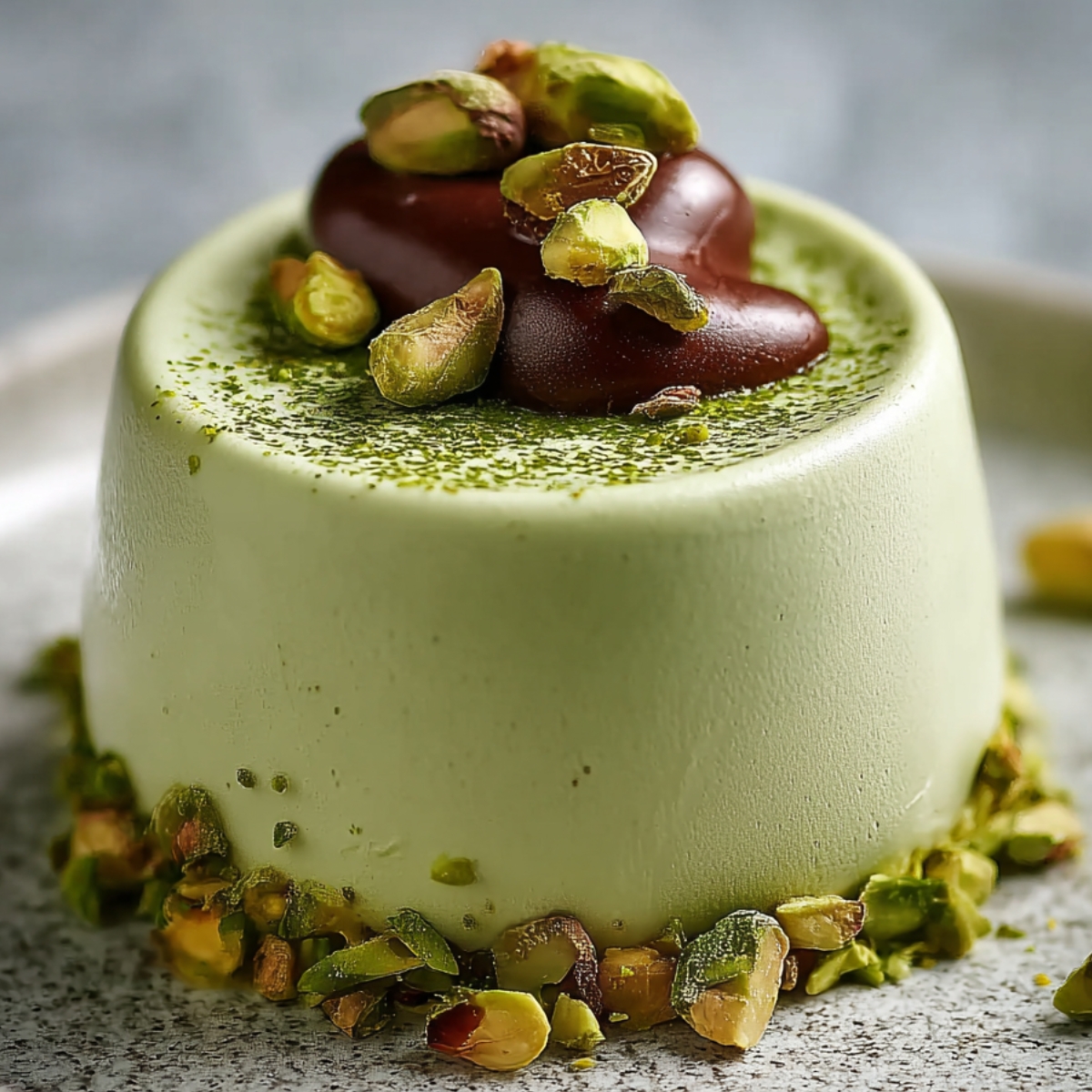 A molded pale green pistachio mousse dessert topped with chocolate and chopped pistachios, sitting on a ceramic plate with crushed nuts around the base.