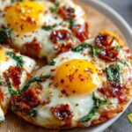 Pizza Eggs Toasted bread topped with melted cheese, spinach, pepperoni slices, and a sunny-side-up egg in the center, seasoned with black pepper.