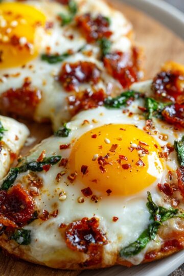 Pizza Eggs Toasted bread topped with melted cheese, spinach, pepperoni slices, and a sunny-side-up egg in the center, seasoned with black pepper.
