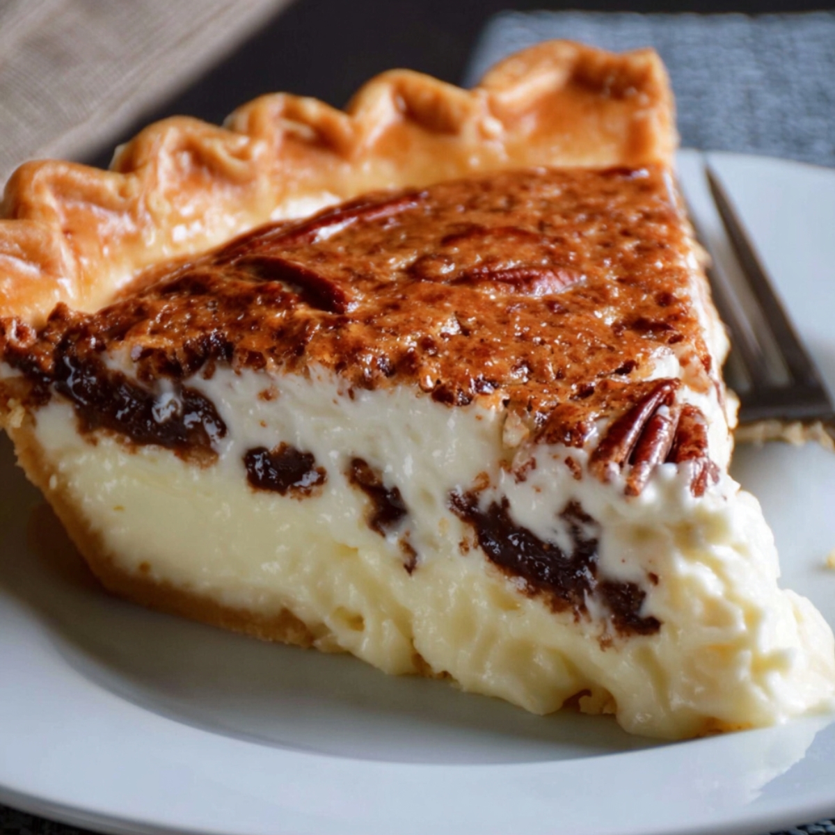 Possum Pie A close-up slice of creamy possum pie on a white plate, featuring a thick pecan-topped layer, rich chocolate swirls, and a smooth white cream filling inside a golden flaky crust. A fork rests beside the slice.