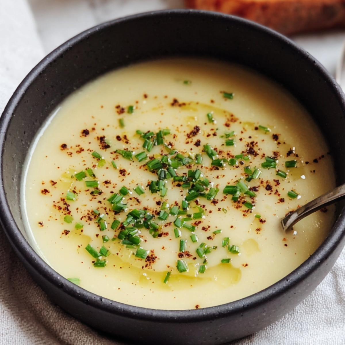 A smooth potato leek soup served in a black ceramic bowl, garnished with finely chopped chives, olive oil drizzle, and cracked pepper, with crusty bread and a spoon beside it on a light cloth.