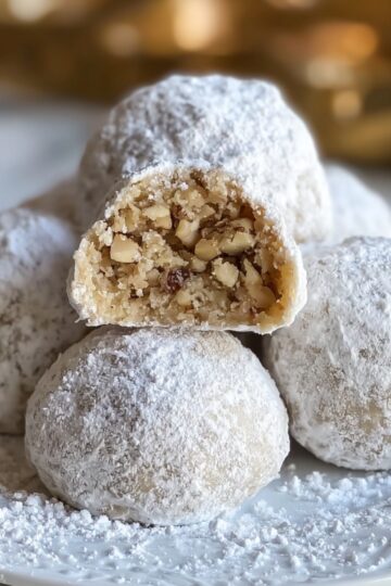 Snowball Cookies A close-up stack of snowball cookies coated in powdered sugar, with one cookie cut open to show the nut-filled interior.