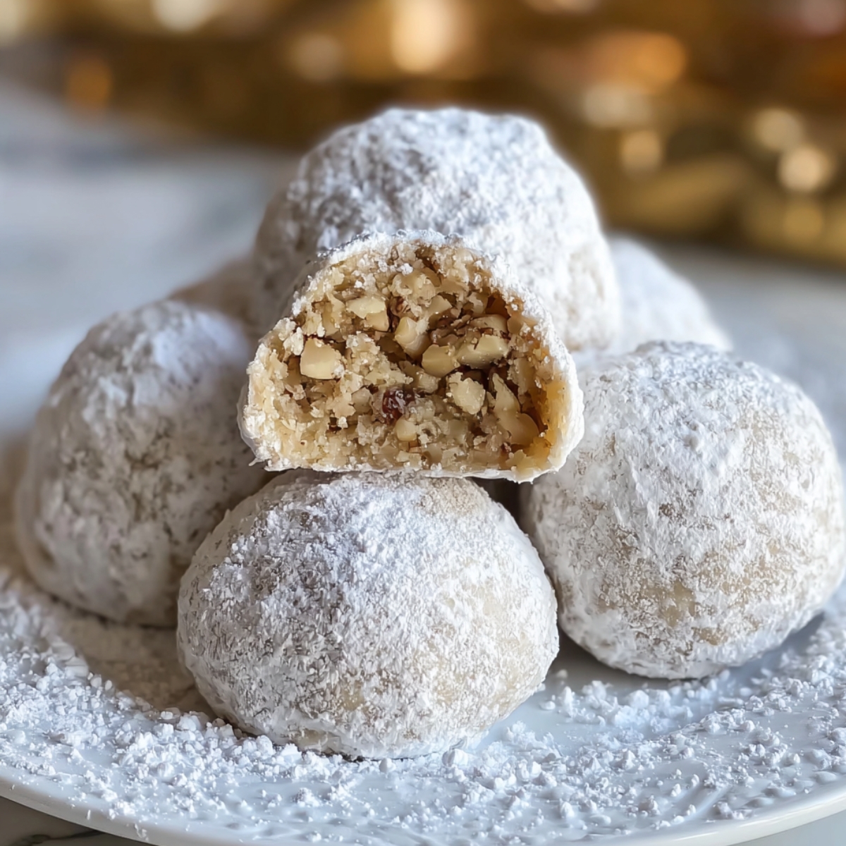 Snowball Cookies A close-up stack of snowball cookies coated in powdered sugar, with one cookie cut open to show the nut-filled interior.