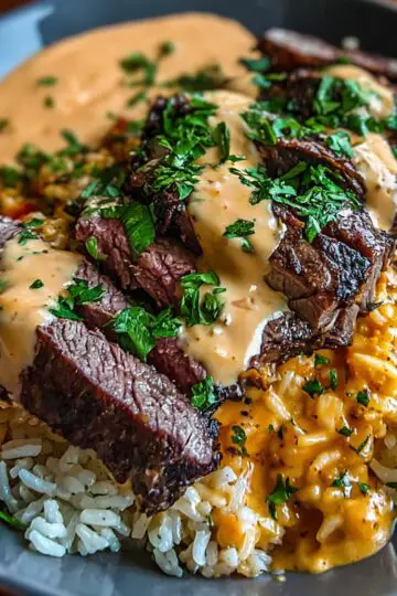 A close-up bowl of steak and queso rice, featuring seared steak slices, creamy queso drizzle, chopped tomatoes, and fresh herbs.