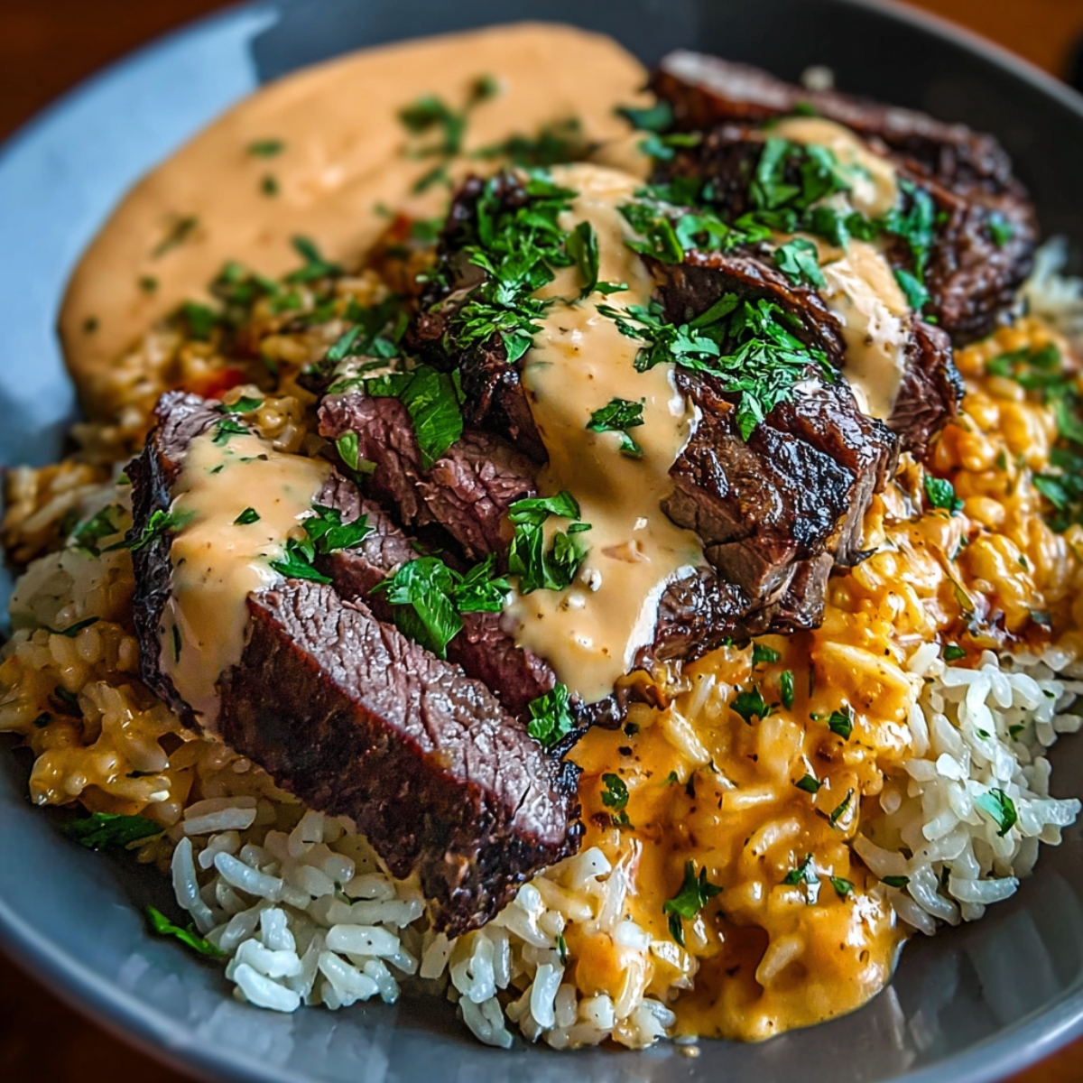 A close-up bowl of steak and queso rice, featuring seared steak slices, creamy queso drizzle, chopped tomatoes, and fresh herbs.