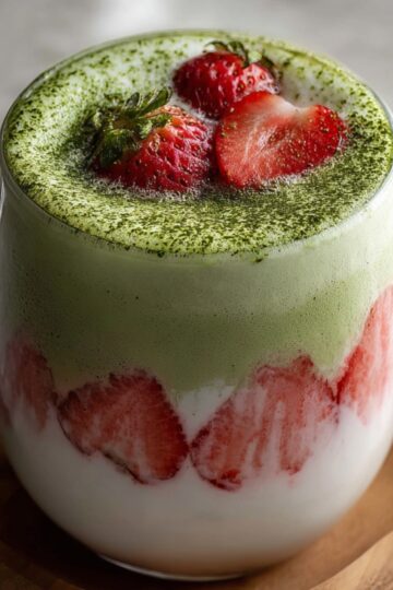 A creamy strawberry matcha latte served in a glass mug on a wooden tray, with layers of pink strawberry milk, white cream, and green matcha, topped with fresh strawberries and matcha powder.