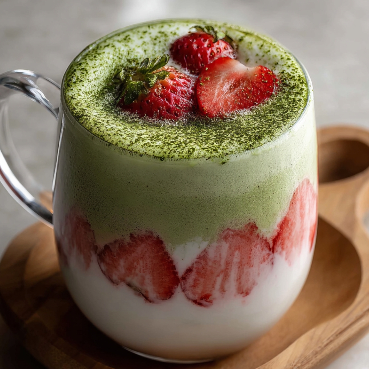 A creamy strawberry matcha latte served in a glass mug on a wooden tray, with layers of pink strawberry milk, white cream, and green matcha, topped with fresh strawberries and matcha powder.