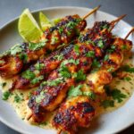 Juicy Thai coconut chicken skewers garnished with fresh cilantro, served on a creamy coconut sauce with lime wedges on the side.