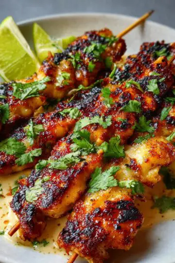 Juicy Thai coconut chicken skewers garnished with fresh cilantro, served on a creamy coconut sauce with lime wedges on the side.