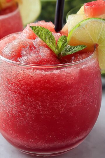 Watermelon Slushie Recipe Two round glasses filled with bright red watermelon slushie, garnished with a small watermelon wedge and mint leaves, sitting on a plate with ice."