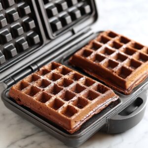 Healthy Brownie Waffles Recipe 16 Two square brownie waffles cooking inside an open waffle iron, showing their rich chocolate color and crisp texture.